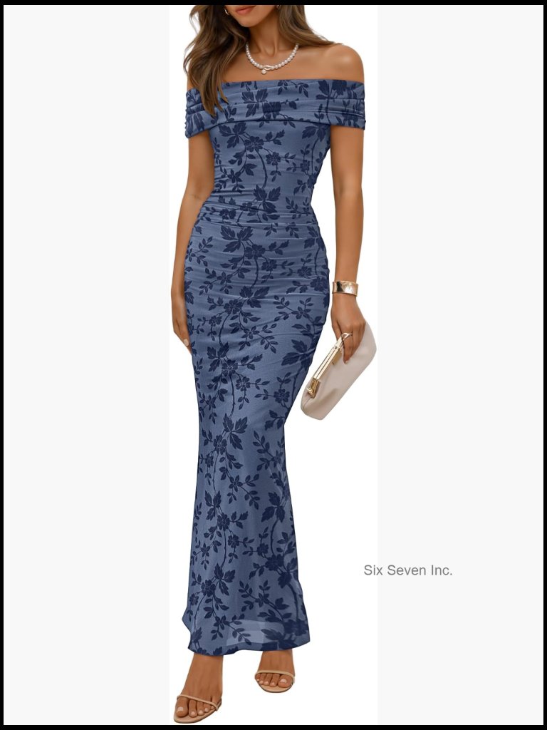 Off Shoulder Floral Bodycon Maxi Dress Ruched Formal Cocktail